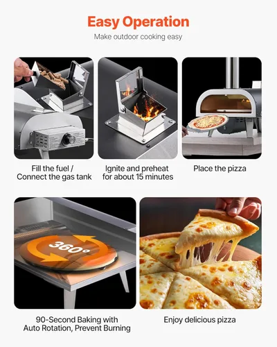 Miniatura 8 de VEVOR Horno de pizza de combustible dual para exteriores, horno de pizza de propano y pellets de madera con rotación automática de 12 pulgadas