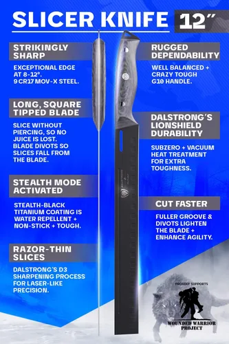 Miniatura 4 de Dalstrong Delta Wolf - Cuchillo para rebanar de 12 pulgadas, Serie Delta Wolf, hoja ultradelgada y sin fricción, acero HC 9CR18MOV, revestimiento