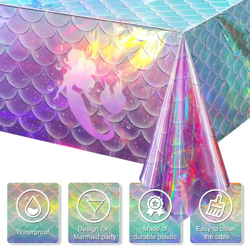 Miniatura 4 de 1 mantel de plástico iridiscente de sirena, manteles desechables con láser de sirenas, funda de mesa desechable para niñas, cumpleaños, bodas