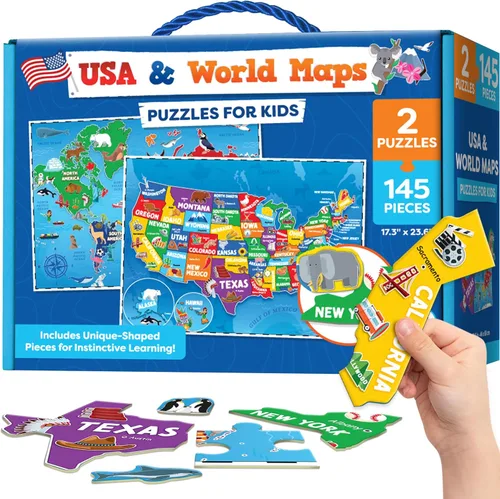 Rompecabezas para niños de 4 a 8 años, 145 piezas, mapa del mundo y rompecabezas de Estados Unidos, juguetes educativos para niños de 4 años en