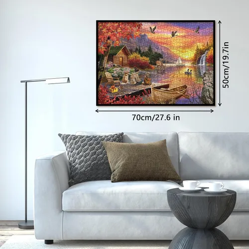 Miniatura 5 de Rompecabezas de paisaje al atardecer para adultos, 1000 piezas, rompecabezas de pesca de otoño, camping, lago, hermoso pájaro, perro, flor, ciervo