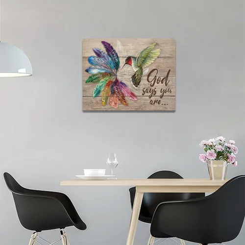 Miniatura 3 de Arte de pared de colibrí cristiano con texto en inglés "God says you ers", impresiones en lienzo, pintura rústica de pájaros de campo, obras de arte