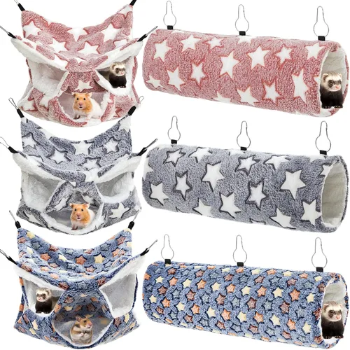 Miniatura 10 de Sweetude Juego de 6 hamacas para ratas, túnel colgante de hurón, hamacas de conejillo de indias de 3 niveles, cama de chinchilla suave para Lovely