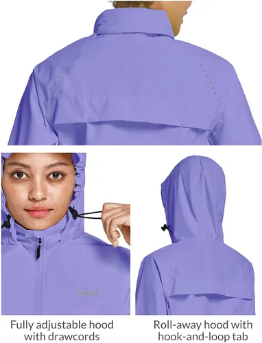 Miniatura 5 de BALEAF Chaquetas impermeables para mujer, cortavientos resistentes al viento, para correr, ligeras, reflectantes, plegables, con capucha