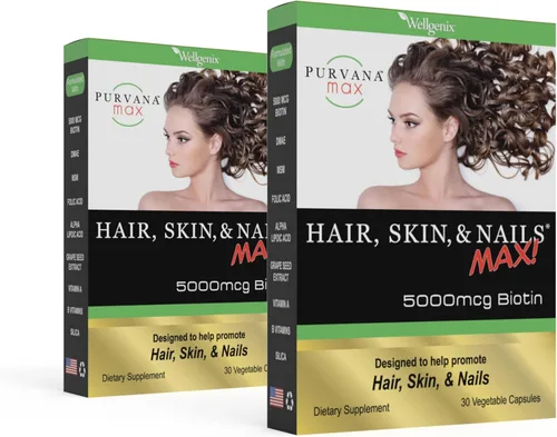 Purvana Max Vitamina para el cabello, la piel y las uñas, 5000 mcg, biotina, ácido fólico, DMAE, extracto de semilla de uva, uno al día, soporte