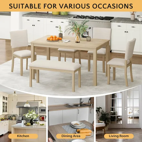Miniatura 6 de Zevemomo Juego de mesa de comedor de madera maciza de 6 piezas, incluye 1 mesa de comedor, 4 sillas tapizadas y 1 banco, juego de mesa de comedor