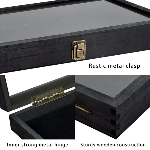 Miniatura 7 de MOOCA Vitrina de madera para joyas, vitrina de bolsillo con tapa superior de vidrio templado y almohadilla de joyería de terciopelo MDF de lujo