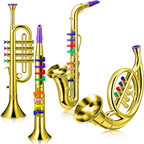 Treela Juego de 4 instrumentos musicales para niños, clarinete de juguete saxofón, trompeta y trompeta para principiantes con más de 10 teclas
