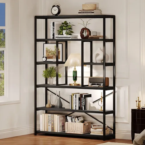 Miniatura 13 de LVB - Estantería alta de 6 niveles en negro, moderna y amplia estantería de almacenamiento, estante de madera y metal industrial de 6 estantes