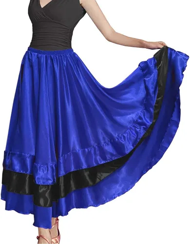 Miniatura 3 de Falda larga de satén con capas negras y rojas para mujer, para flamenco español, danza del vientre, ballet mexicano, actuación folklórica