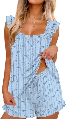 Miniatura 12 de Ekouaer Conjunto de pijama para mujer, conjunto de 2 piezas con volantes, camiseta sin mangas suave y pantalones cortos, conjunto de pijama de novia