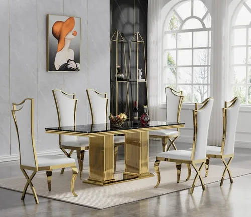 Miniatura 20 de Juego de mesa de comedor de mármol negro de lujo para 4, mesa de cocina dorada de 70 pulgadas y 4 sillas de cuero negro, juego de 5 mesas de comedor