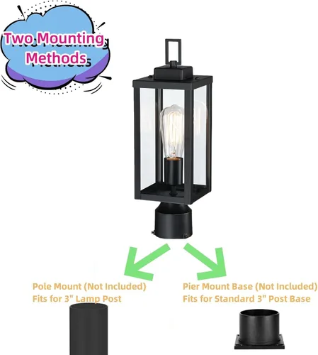 Miniatura 4 de WISBEAM Luz de poste para exteriores, linterna de poste, base E26 de 60 W máximo, carcasa de metal más vidrio, calificación ETL, bombillas