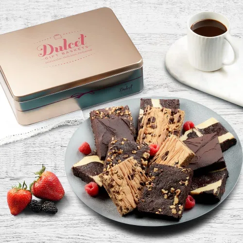 Dulcet Gift Baskets Surtido de brownie de chocolate gourmet, brownie de lata de brownie, delicioso pastel de queso, dulce de azúcar rocoso, ganache