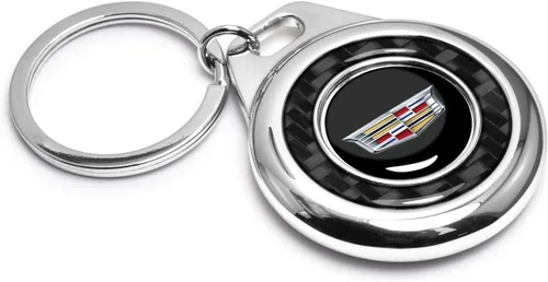 Miniatura 2 de iPick Image para Cadillac - Llavero con logo del escudo en fibra de carbono negra redonda, estuche metálico, llavero con licencia oficial Negro