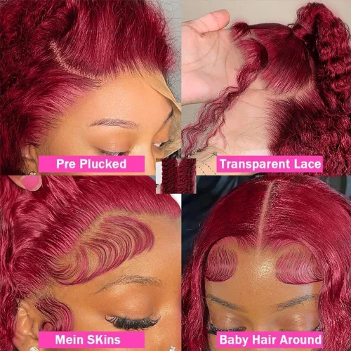 Miniatura 4 de Pelucas de encaje frontal burdeos de cabello humano, pre arrancadas, 180% de densidad, sin pegamento, pelucas de cabello humano pre arrancadas, 18