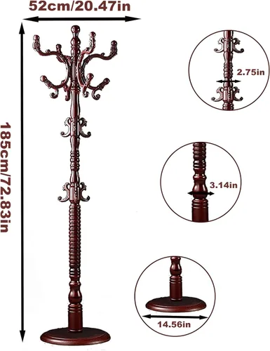 Miniatura 6 de Percheros de pie independientes, perchero de madera natural con 14 ganchos, percheros resistentes de altura ajustable para entrada, pasillo, Marrón