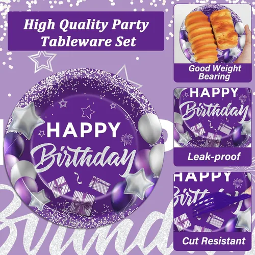 Miniatura 3 de 96 piezas de suministros para fiesta de cumpleaños morado, platos de papel, servilletas, juego de vajilla de feliz cumpleaños morado plateado, cena
