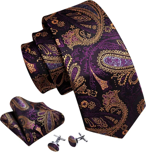 Miniatura 132 de Barry.Wang - Juego de corbata de seda para hombre, diseño de cachemira, pañuelo y gemelos de bolsillo