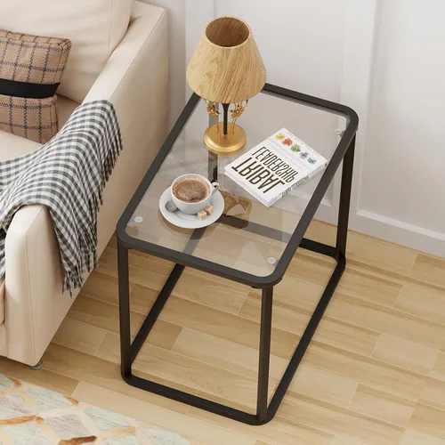 Miniatura 12 de Garden 4 you Mesa auxiliar de cristal, mesa auxiliar rectangular con marco de metal, moderna mesita de noche para oficina, dormitorio, sala de Negro