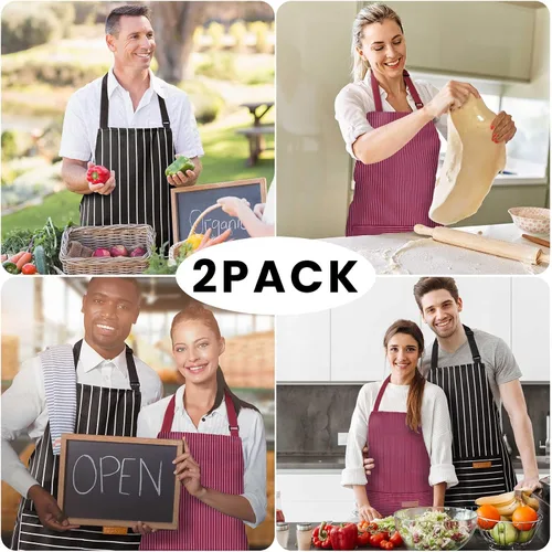 Miniatura 7 de BeLuyi - Paquete de 2 delantales ajustables con peto, delantales de chef para cocina, restaurante, con 2 bolsillos, delantales para mujeres