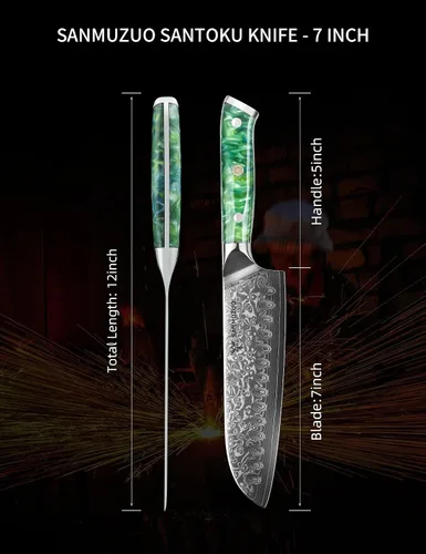 Miniatura 4 de Santoku Cuchillo de 7 pulgadas - Serie Xuan - Cuchillo de cocina de acero Damasco VG10 - Mango de resina (verde jade)
