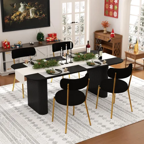 Miniatura 26 de Juego de mesa de comedor ovalada negra moderna de 70.9 pulgadas para 4, mesa de cocina rectangular estilo crema con sillas negras Boucle, juego