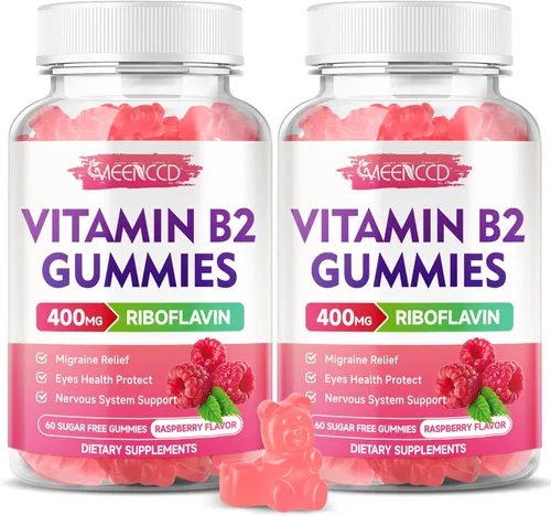 MEENCCD Paquete de 2 gomitas de vitamina B2, riboflavina, suplemento de 400 mg con magnesio para niños y adultos, gomitas B2 para alivio de la