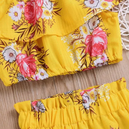 Miniatura 5 de Conjunto de ropa de verano con cuello halter floral y tirantes amarillos y pantalones cortos