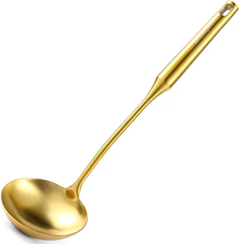 Miniatura 7 de Juego de cucharón de sopa dorado y cuchara de espagueti, cuchara de sopa de acero inoxidable 18/10, colador de pasta, utensilios de cocina de 13.8