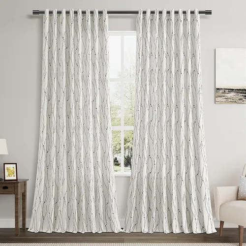 Miniatura 22 de Joywell Cortinas jacquard con ojales para sala de estar, 108 pulgadas de largo, línea ondulada negra con patrón de puntos, cortinas bordadas