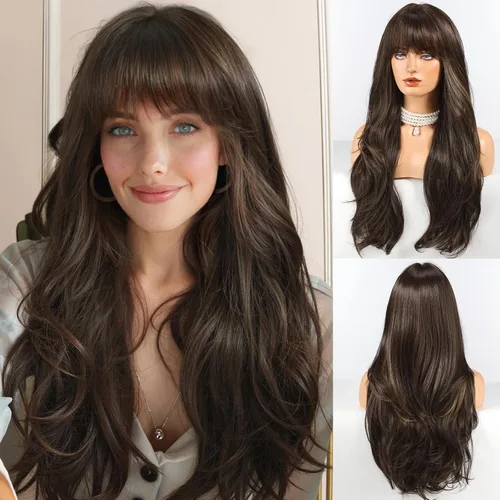 Miniatura 10 de HAIRCUBE Peluca larga rubia mezclada con marrón con flequillo, pelucas rizadas en capas para mujeres, pelucas sintéticas naturales para uso diario