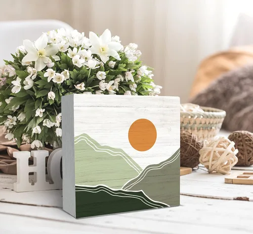 Miniatura 3 de SRADMO Caja abstracta de madera con diseño de montañas y sol bohemio, decoración de escritorio, paisaje de naturaleza bohemia, caja de bloques
