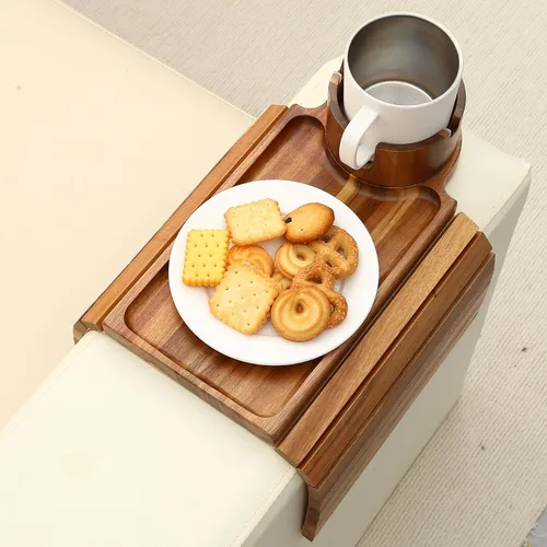 Miniatura 8 de Bandeja para portavasos de sofá, mesa de madera de acacia con soporte para teléfono, bandeja plegable grande para sofá para mesa de aperitivos