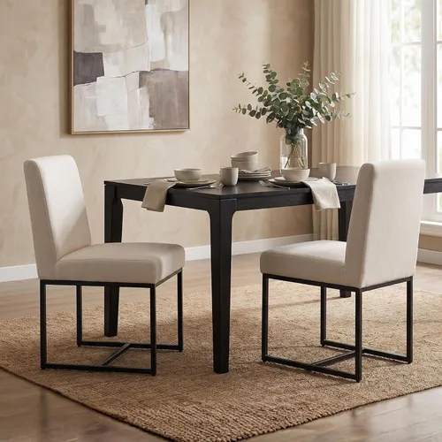 CIMOTA Juego de 2 sillas de comedor modernas de lino, sillas de comedor de mediados de siglo, sillas laterales tapizadas de tela sin brazos con base