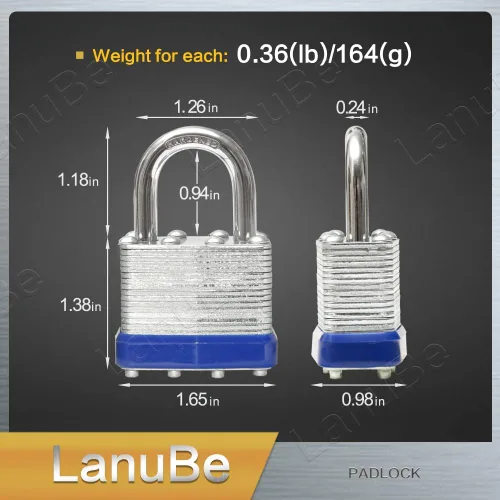 Miniatura 2 de LanuBe Candado laminado con llave, 1-9/16 pulgadas (40 mm), candados con llave iguales, grillete normal, aro de plástico azul marcado, paquete de 2
