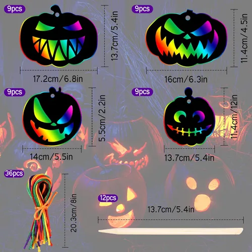 Miniatura 2 de JULMELON Kit de manualidades de papel para rascar de Halloween, 48 piezas a granel de calabazas de Halloween, arco iris mágico, arte para rascar