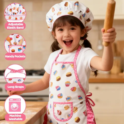 Miniatura 3 de Juego de 2 piezas de delantal y gorro de chef para niños, atuendo ajustable de cocina y horneado para niños, disfraz de juego de rol para niños de 3