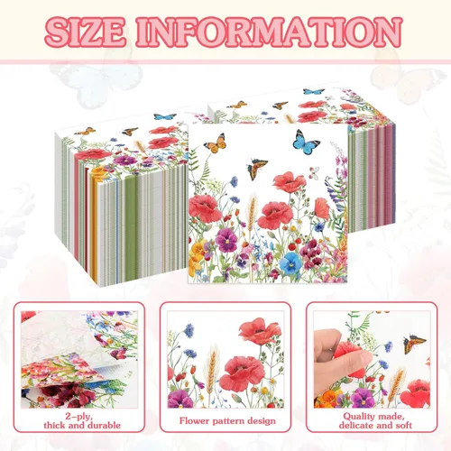 Miniatura 4 de Patelai 100 servilletas de papel floral, 2 capas de flores silvestres y mariposas decorativas desechables para bodas, cumpleaños, fiestas de té