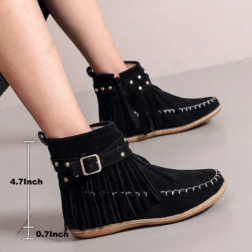 Miniatura 4 de AUNTHUI Sursell - Botines de gamuza para mujer, con flecos, punta redonda, planos, cálidos, de moda, occidentales, para exteriores, con cremallera