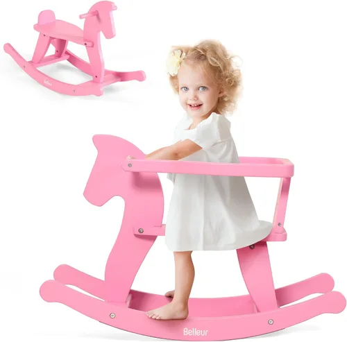 Belleur Caballo mecedor para niños de 1 a 3 años, juguete mecedor de madera para niños pequeños con valla extraíble para actividades en interiores y