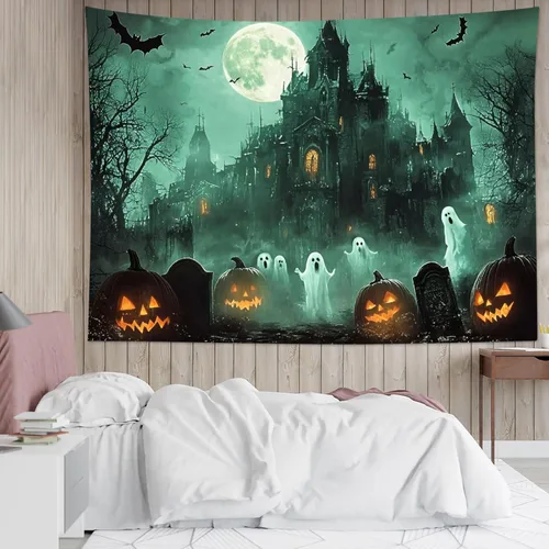 Miniatura 31 de HVEST Tapiz de Halloween de luna llena, lápida de cuervo negro, árbol muerto, tapiz para dormitorio, cementerio gris aterrador, bosque, decoración