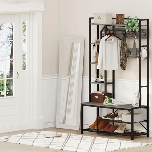 Miniatura 8 de BON AUGURE Árbol de pasillo con banco y almacenamiento para zapatos, banco de entrada con perchero, árbol de abrigos de madera y metal con ganchos