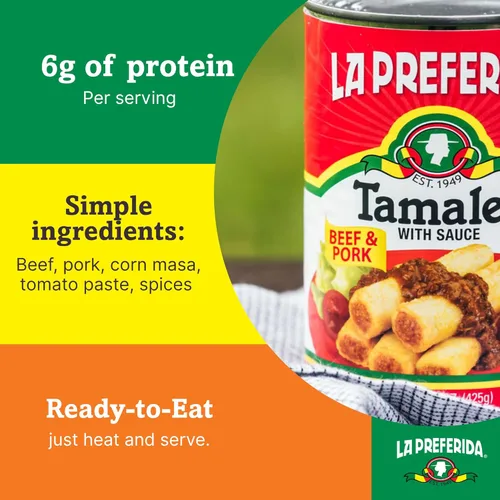 Miniatura 6 de La Preferida Tamales de carne de res y cerdo (tamales mexicanos enlatados en salsa roja) – Sin colorantes artificiales ni conservantes, solo