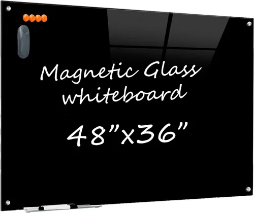 Pizarra negra de cristal de borrado en seco, pizarra magnética de 48 x 36 pulgadas, sin marco, pizarras de vidrio transparente con imanes súper