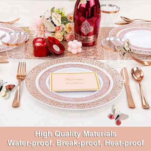 Miniatura 5 de Vajilla de plástico desechable de color dorado rosado, incluye: 50 platos de cena, 50 platos de postre, 50 servilletas enrolladas con cubiertos