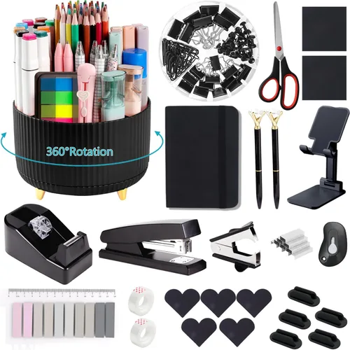 Miniatura 30 de Suministros de oficina, accesorios de escritorio negros, juego de suministros de oficina, juego de grapadora y dispensador de cinta, tijeras