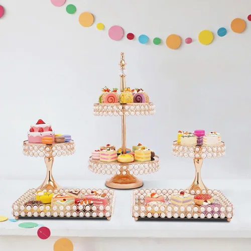 Miniatura 6 de YIYIBYUS Juego de 9 soportes de cristal para tartas, soporte para cupcakes, frutas, dulces, postres con cuentas de cristal para mesa de postre, 9