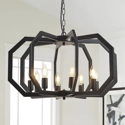Miniatura 9 de Lanhall Candelabro de Casa de Campo de 4 Luces, Iluminación Colgante Industrial Rústica, Jaula Metálica de Altura Ajustable E26, Luces Colgantes
