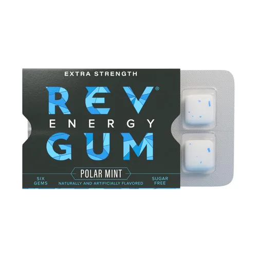 Rev Gum Caffeine Energy Gum | Extra Strength 100 mg de cafeína por gema | Goma de mascar de menta polar sin azúcar – Masticables bajos en calorías